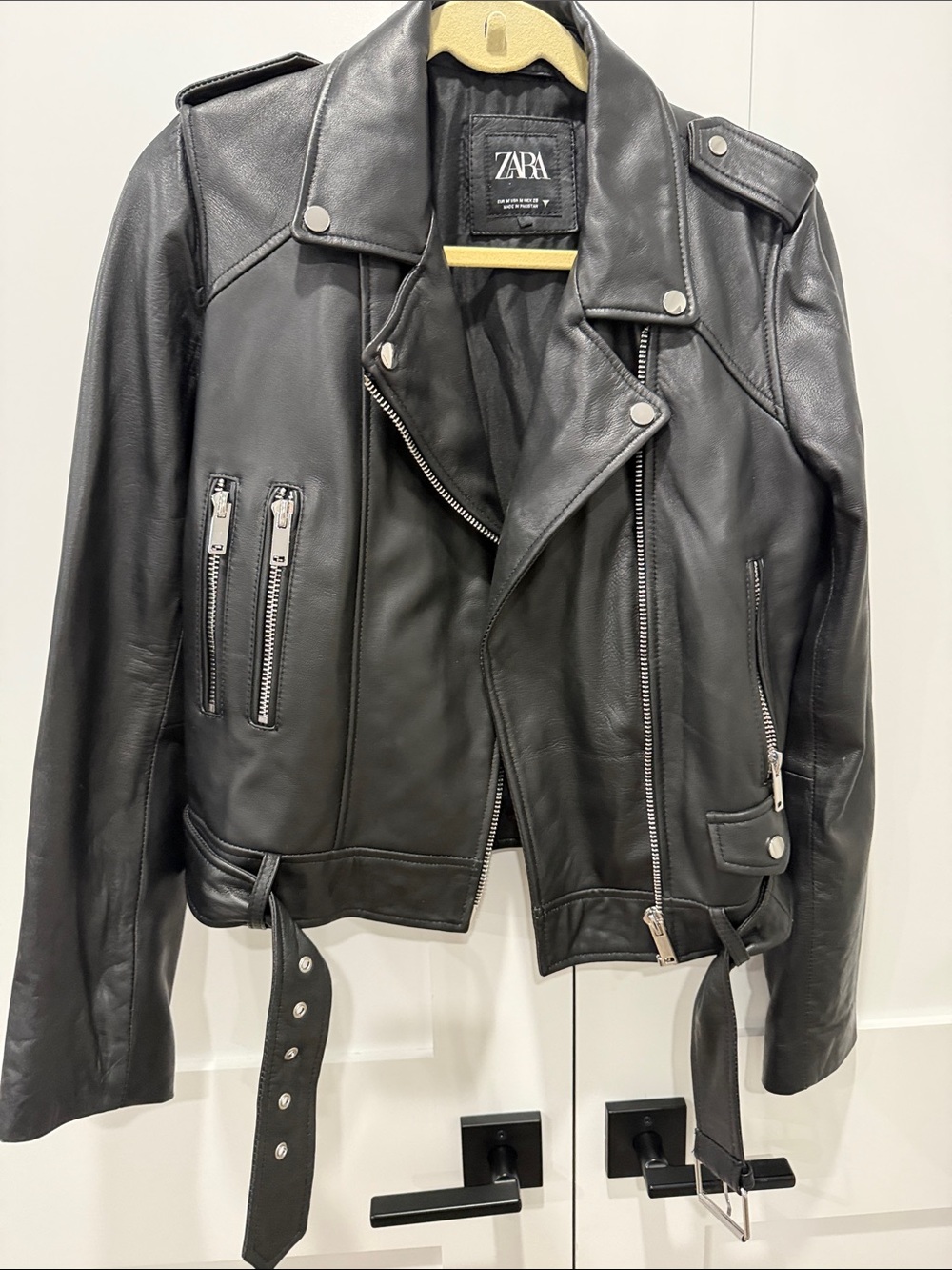 ZARA Black Leather Moto Biker Jacket with Silver Hardware